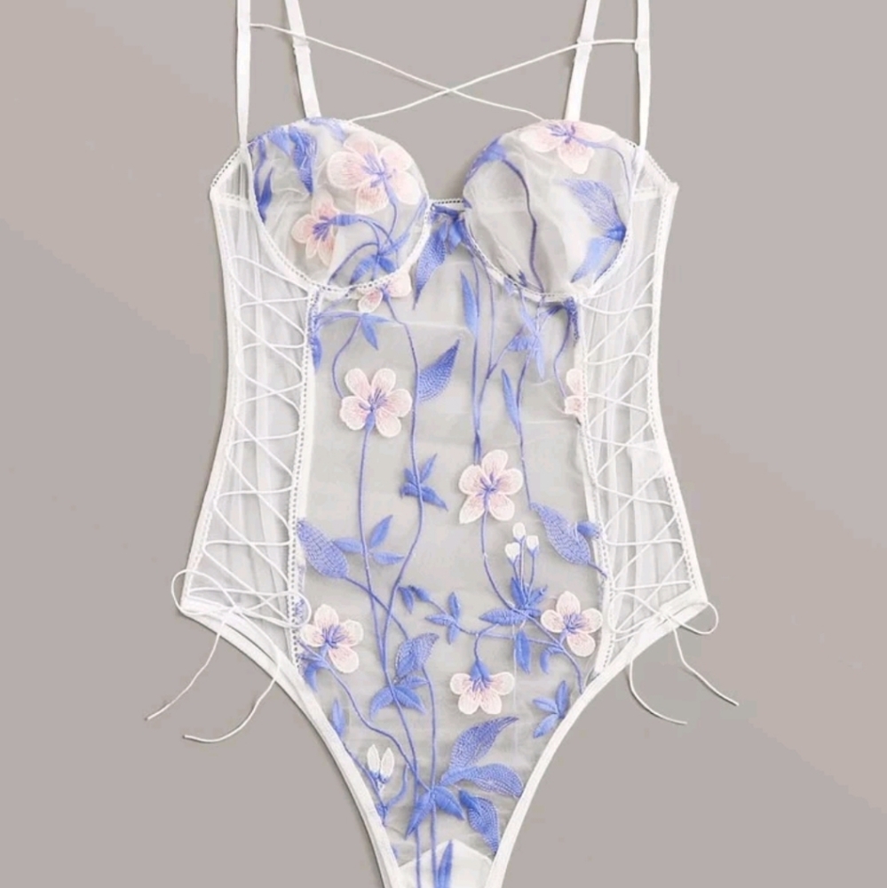 Floral Embroidery Lace Up Mesh Teddy Bodysuit - Brand New- With Free Gift